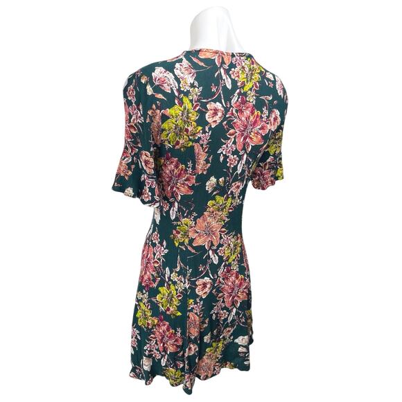 Lulus Green Multicolor Floral Deep V Neck Short Sleeve A Line Mini Dress Size XS - Picture 2 of 5